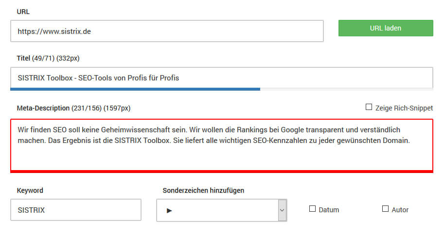 SERP Snippet Generator Sistrix