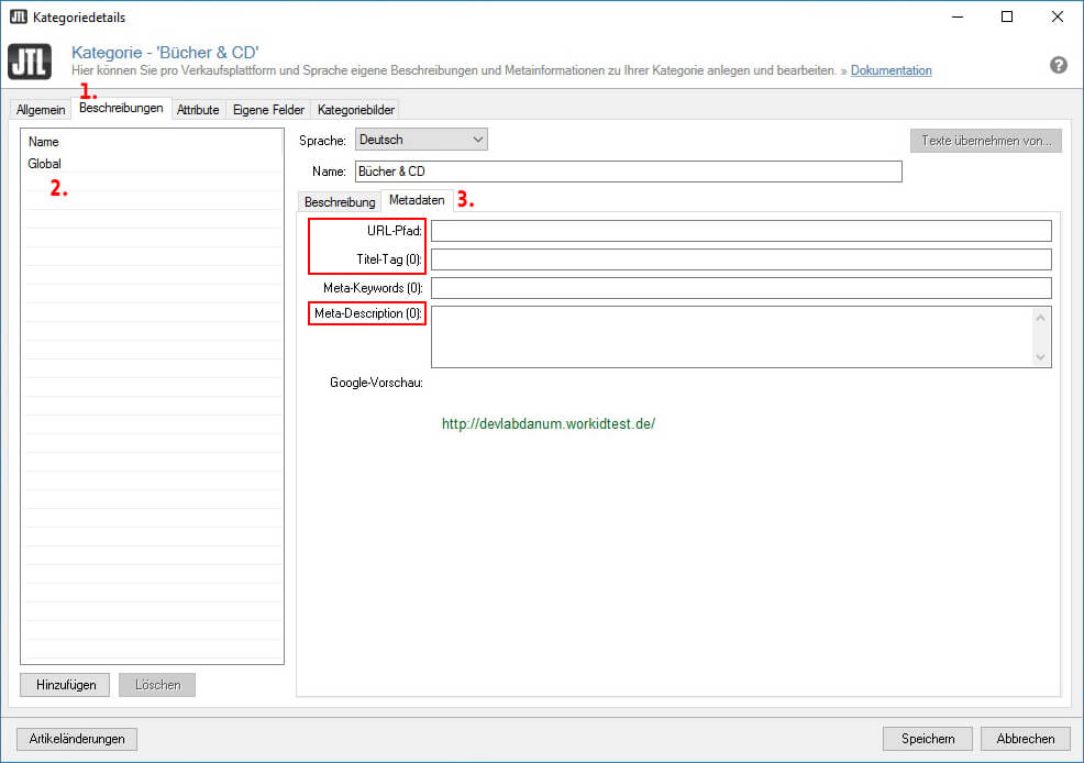relevante Felder JTL SEO